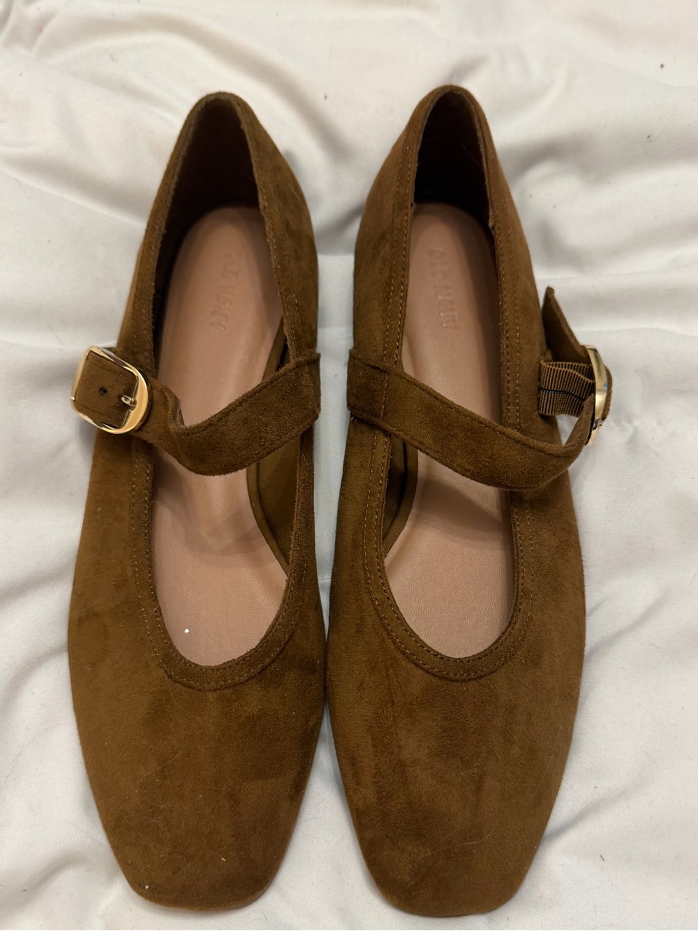 Old Navy Brown Suede Mary Jane Flats with Gold Buckle